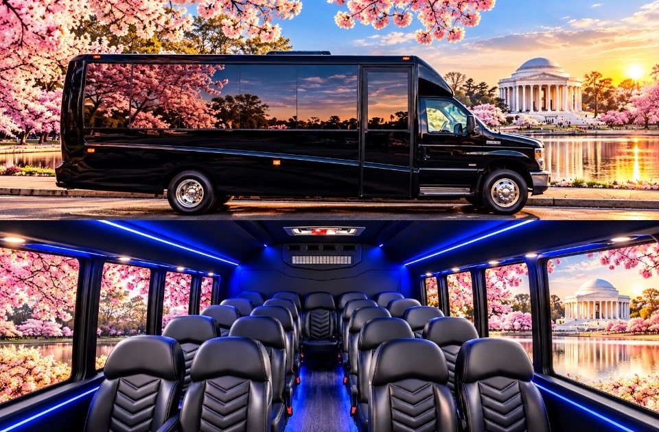 Black 24-passenger luxury bus exterior and interior composite cherry blossoms Jefferson Memorial sunset
