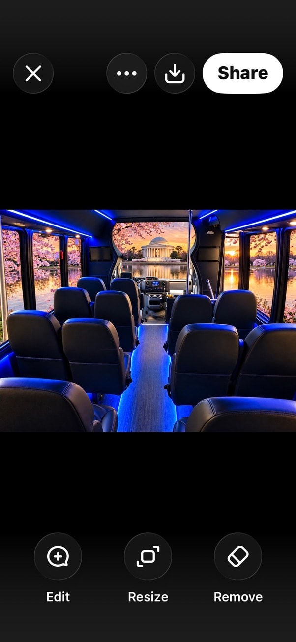 24-passenger bus interior blue ambient floor lighting black leather seats Jefferson Memorial cherry blossoms sunset view through windshield