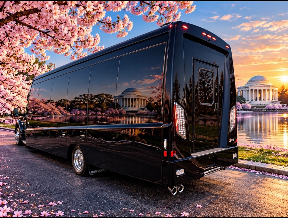 Black Ford 28-passenger luxury bus rear exterior cherry blossoms Jefferson Memorial Tidal Basin sunset