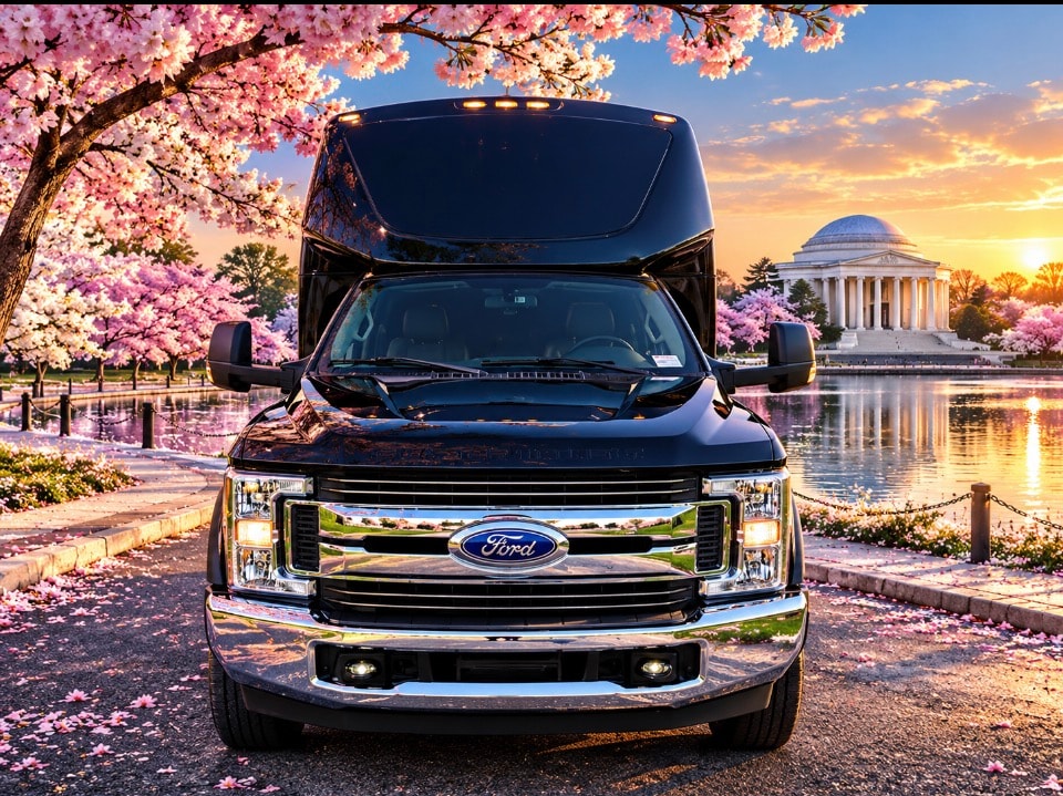 Black Ford 28-passenger luxury bus front exterior Ford grille cherry blossoms Jefferson Memorial sunset