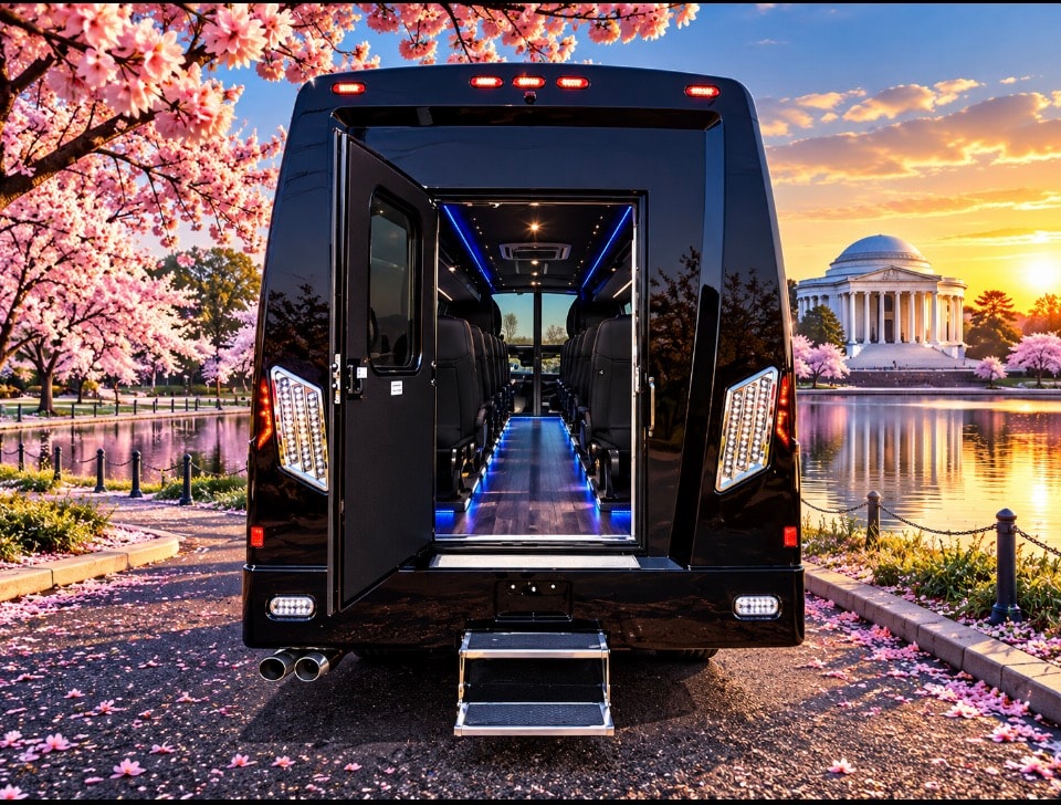 Black Ford 28-passenger luxury bus rear door open blue interior lighting cherry blossoms Jefferson Memorial sunset