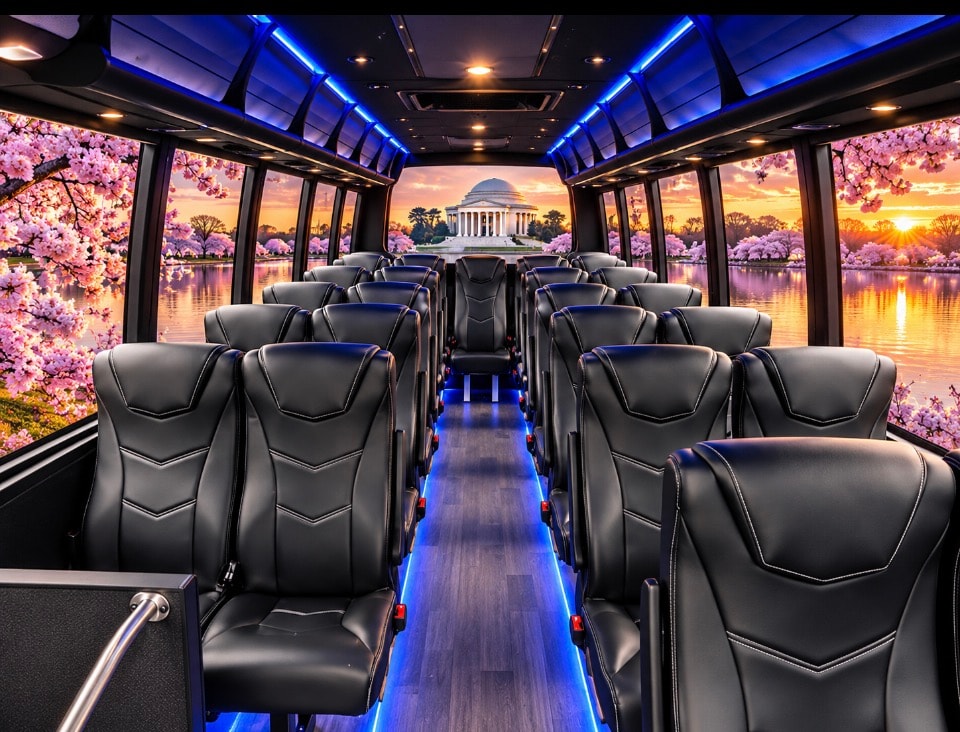 28-passenger bus interior black leather seats blue floor lighting Jefferson Memorial cherry blossoms panoramic view