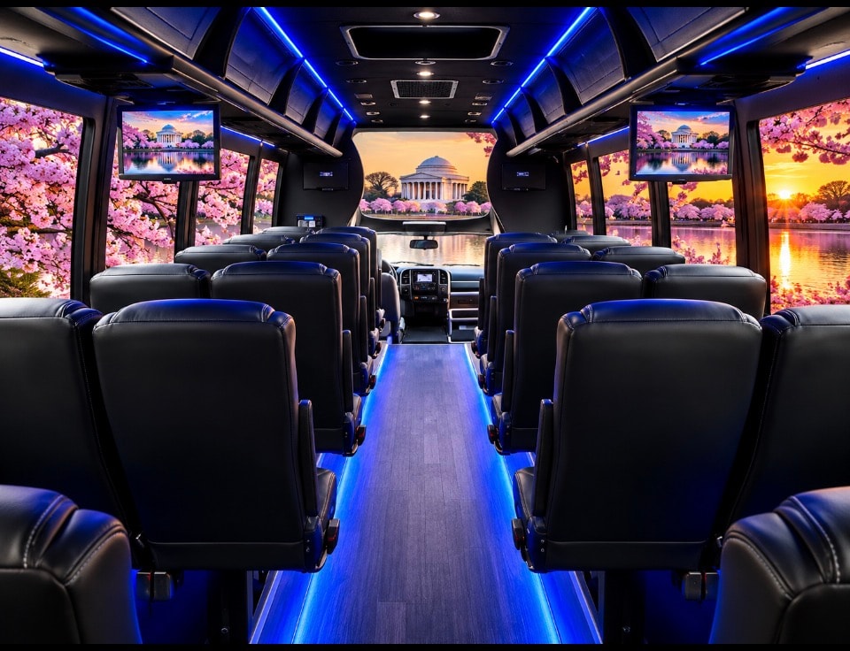 28-passenger bus interior black seats HD screens blue floor lighting Jefferson Memorial cherry blossoms view