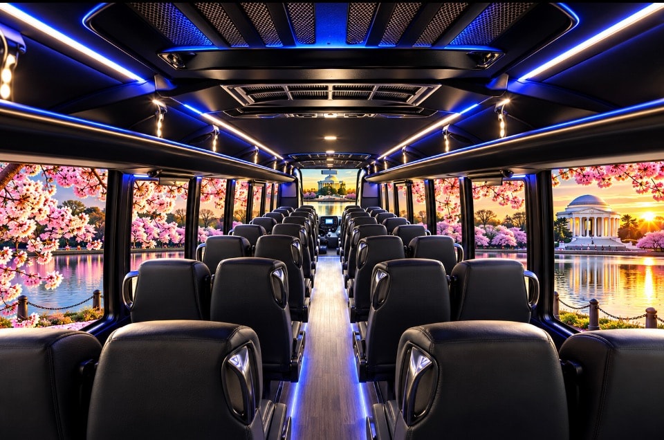 32-40 passenger bus interior blue ceiling lighting black headrest seats Jefferson Memorial cherry blossoms sunset windshield view