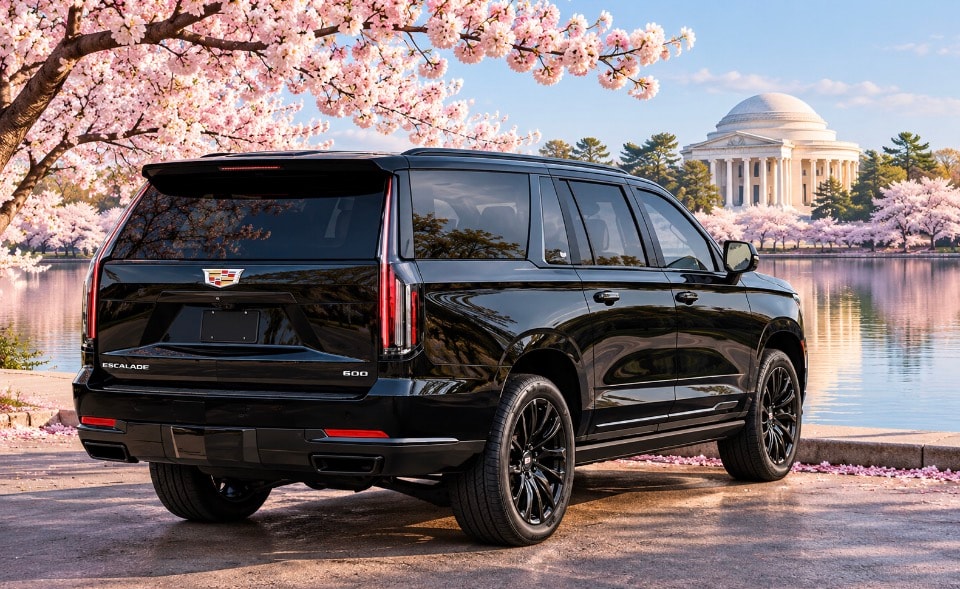 Luxury Platinum Cadillac Escalade ESV rear exterior with cherry blossoms and Jefferson Memorial