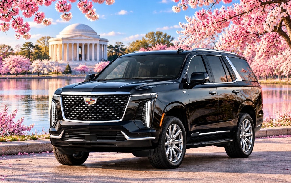 Black Cadillac Escalade Premium cherry blossoms Jefferson Memorial exterior