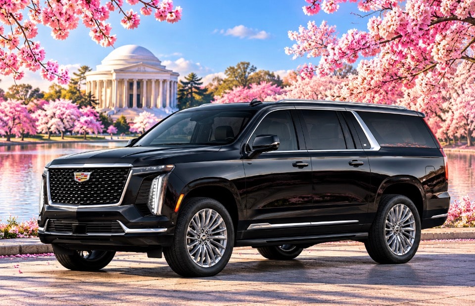 Black Cadillac Escalade ESV cherry blossoms Jefferson Memorial exterior