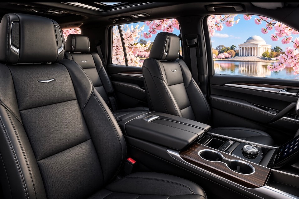 Cadillac Escalade Premium black leather front seats interior cherry blossom view