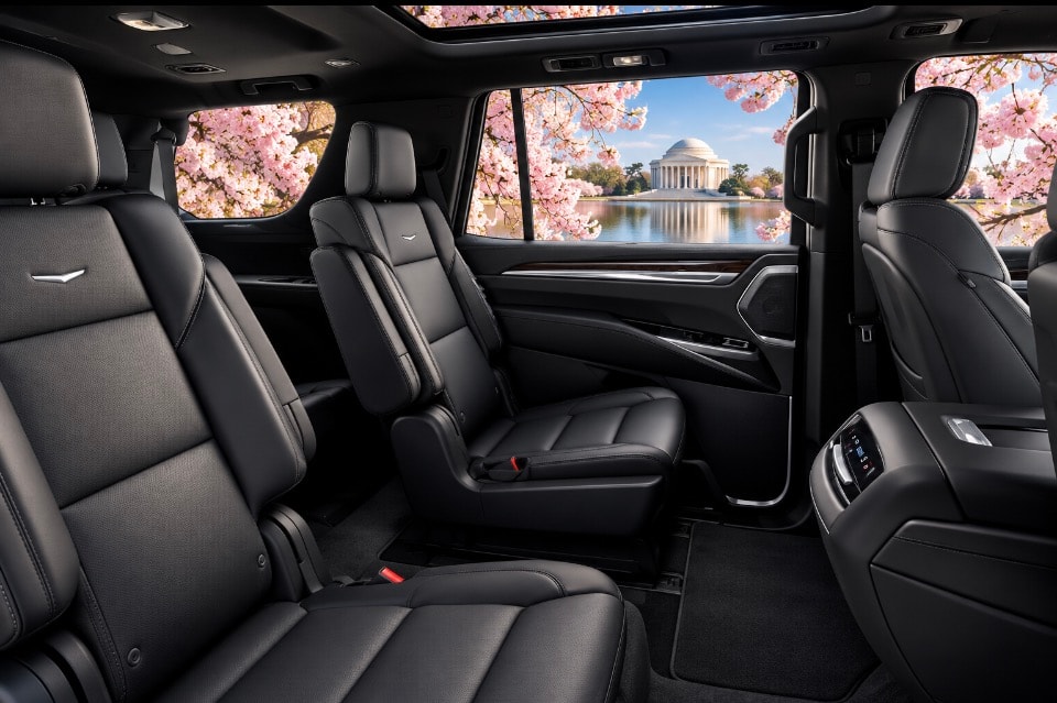 Cadillac Escalade Premium black leather rear passenger seats interior cherry blossom view