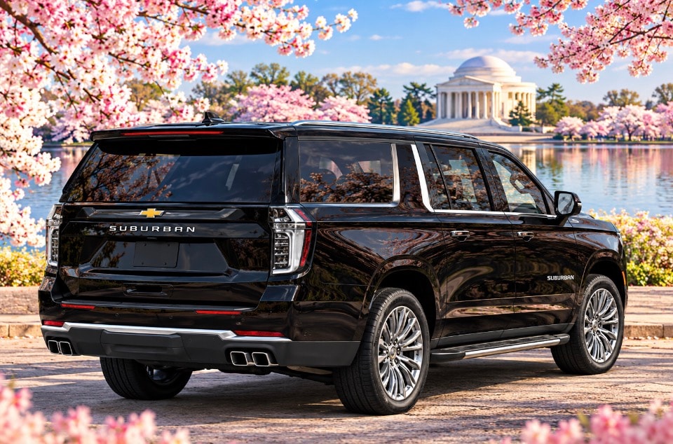 Black Chevrolet Suburban rear exterior cherry blossoms Jefferson Memorial Tidal Basin