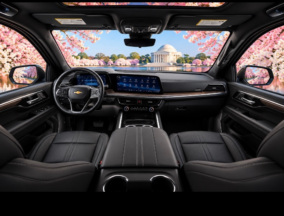 Chevrolet Suburban dashboard cockpit interior cherry blossoms Jefferson Memorial view