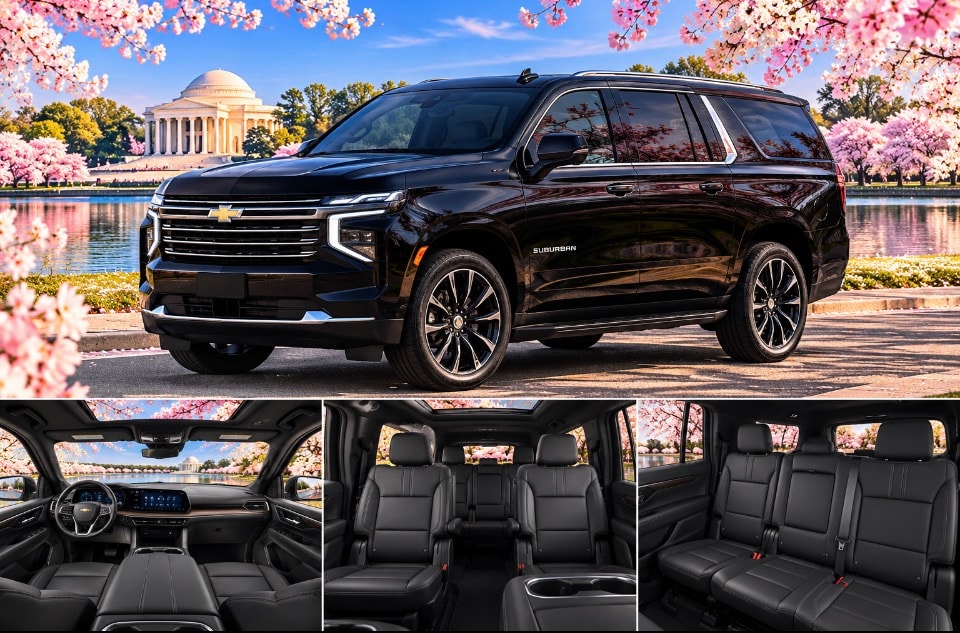 Chevrolet Suburban cherry blossoms exterior and interior composite collage