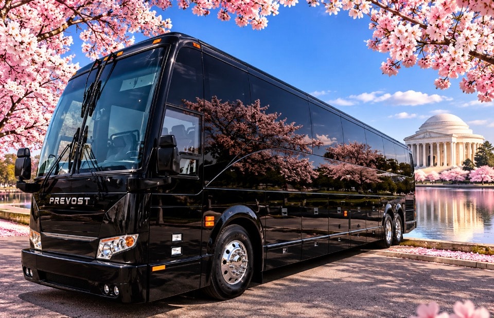 Black Prevost luxury coach bus front angle cherry blossoms Jefferson Memorial Tidal Basin