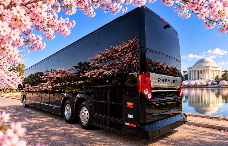 Black Prevost luxury coach bus rear three-quarter view cherry blossoms Jefferson Memorial Tidal Basin