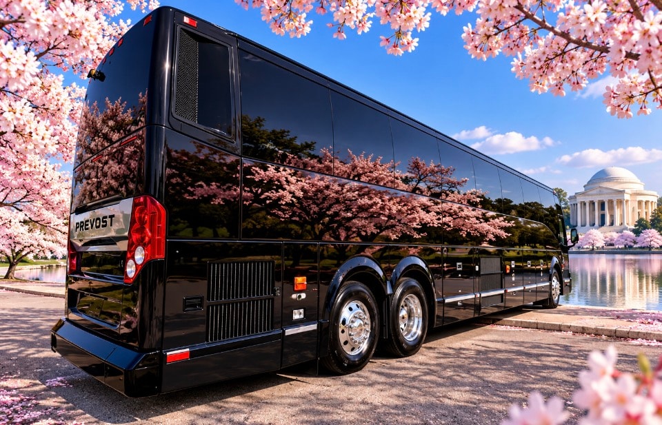 Black Prevost luxury coach bus rear side view cherry blossoms Jefferson Memorial Tidal Basin