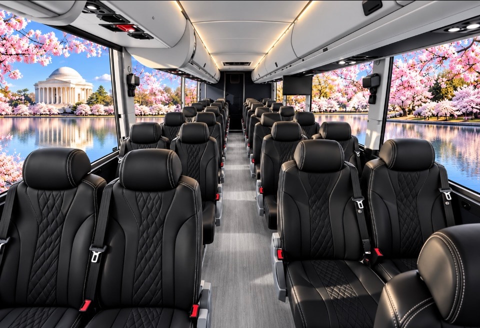 Luxury coach interior quilted black leather seats with seatbelts Jefferson Memorial cherry blossoms panoramic windows