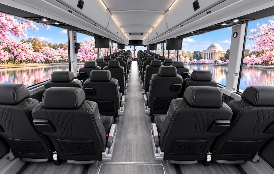 Luxury coach interior wide cabin view black leather seats Jefferson Memorial cherry blossoms panoramic windows