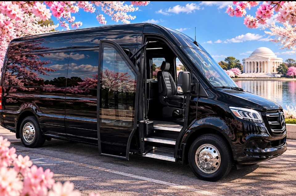 Black Mercedes-Benz Executive Shuttle Van side exterior door open cherry blossoms Jefferson Memorial