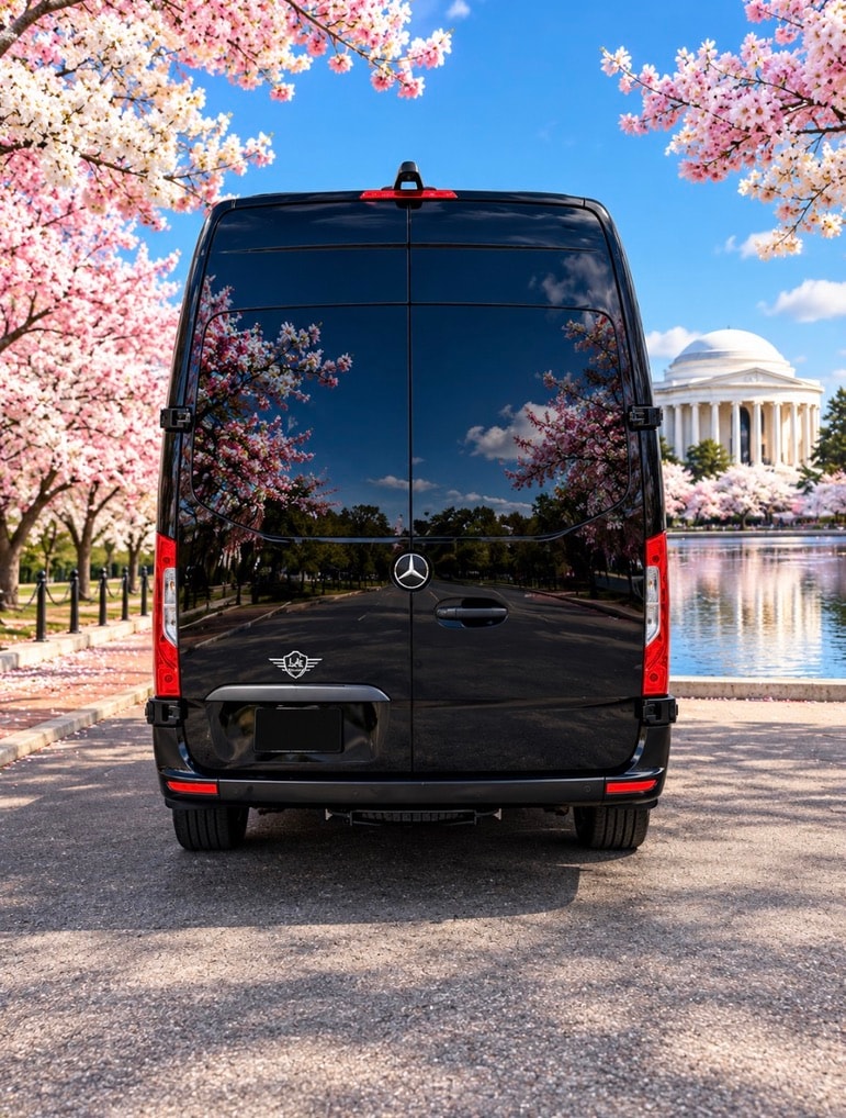 Black Mercedes-Benz Executive Shuttle Van rear exterior cherry blossoms Jefferson Memorial Tidal Basin
