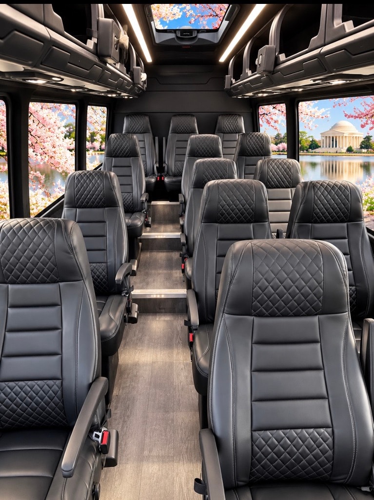 Mercedes-Benz Executive Shuttle Van interior quilted leather seats cherry blossom Jefferson Memorial daytime view