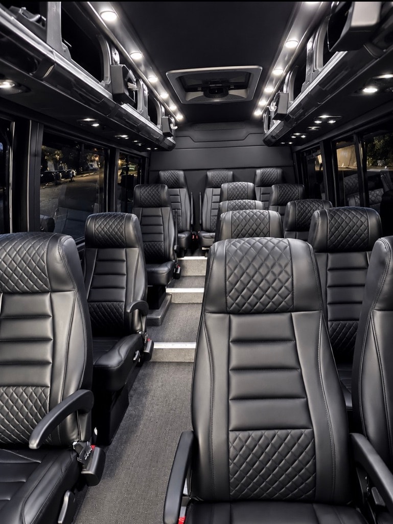 Mercedes-Benz Executive Shuttle Van interior quilted leather seats night cabin lighting