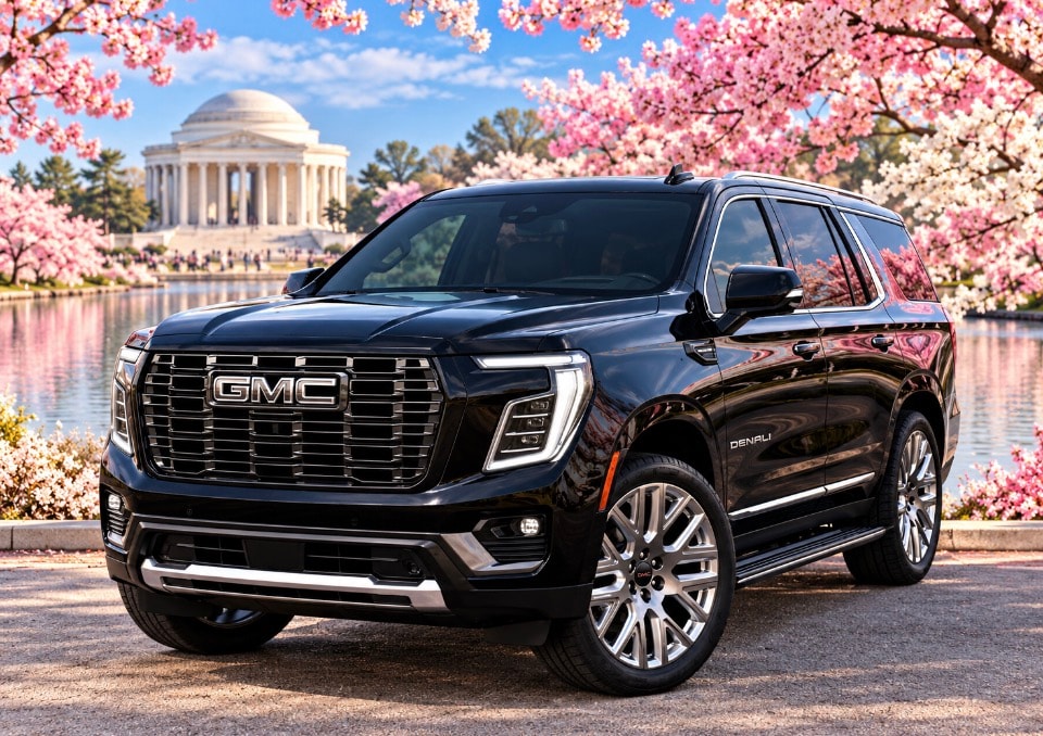 Black GMC Yukon Denali front view with cherry blossoms and Jefferson Memorial Tidal Basin