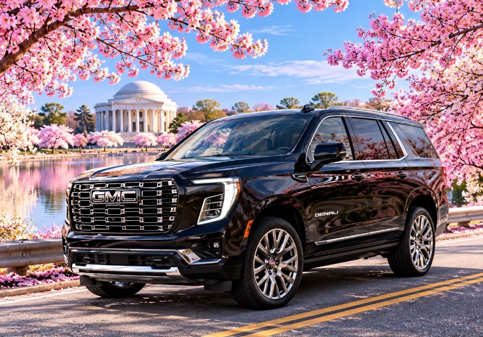 Black GMC Yukon Denali side view with cherry blossoms and Jefferson Memorial