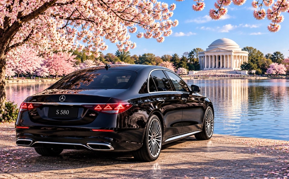 Mercedes-Benz S580 black sedan rear exterior with cherry blossoms and Jefferson Memorial