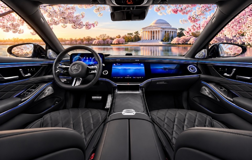 Mercedes-Benz S580 interior dashboard with dual screens and cherry blossom Jefferson Memorial view