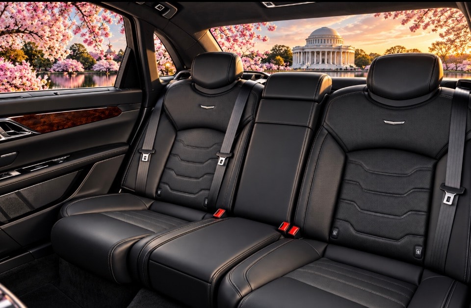 Cadillac sedan dashboard interior with infotainment screen and Jefferson Memorial cherry blossom view