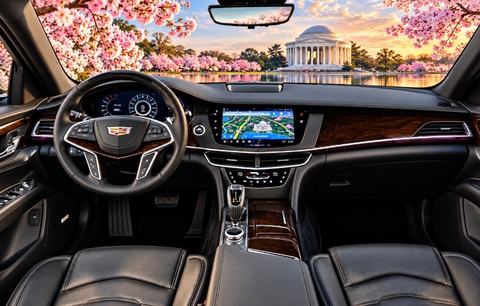 Cadillac sedan black leather rear passenger seats with Jefferson Memorial cherry blossom view