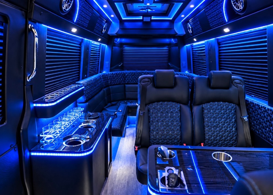 Luxury Sprinter limo interior blue LED U-shape lounge rear TV premium interior
