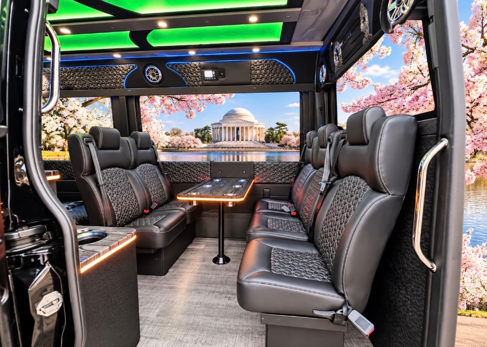 Luxury Sprinter limo interior green blue LED lighting captain seats center table cherry blossom panoramic windows