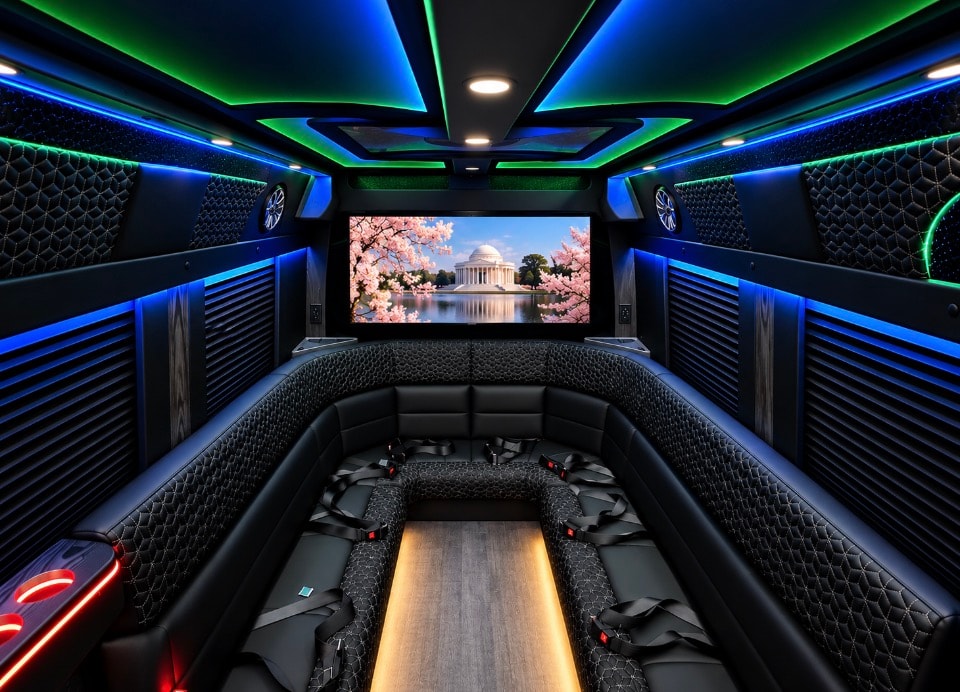 Luxury Sprinter limo interior blue LED U-shape lounge rear TV cherry blossoms Jefferson Memorial
