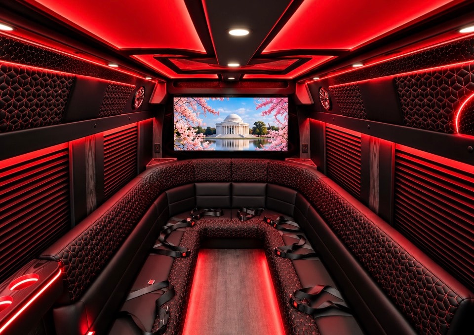 Luxury Sprinter limo interior red LED U-shape lounge rear TV cherry blossoms Jefferson Memorial