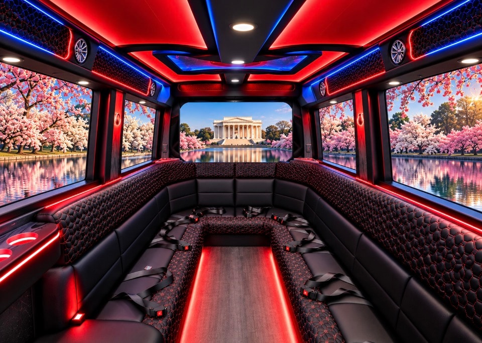 Luxury Sprinter limo interior red blue LED panoramic cherry blossom windows all around