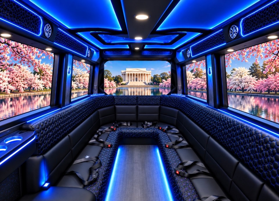 Luxury Sprinter limo interior blue LED bar area with glasses captain seats cherry blossom panoramic windows