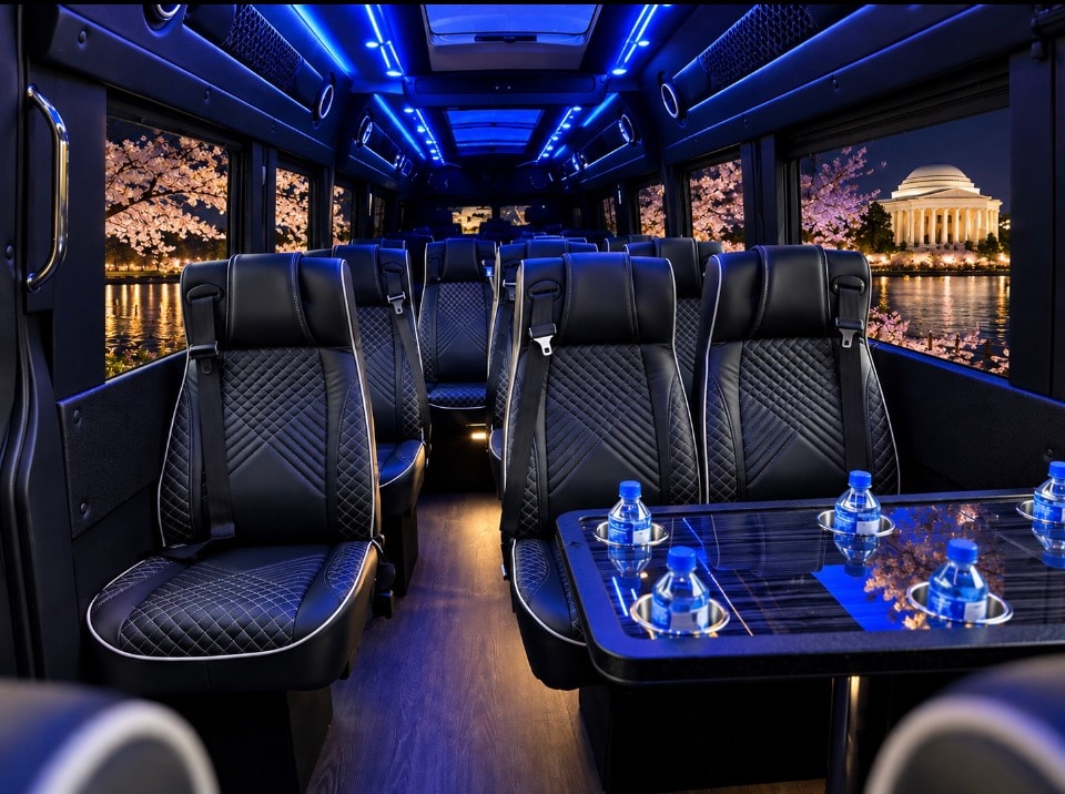 Mercedes-Benz Sprinter interior blue ambient lighting quilted seats water bottles cherry blossom night