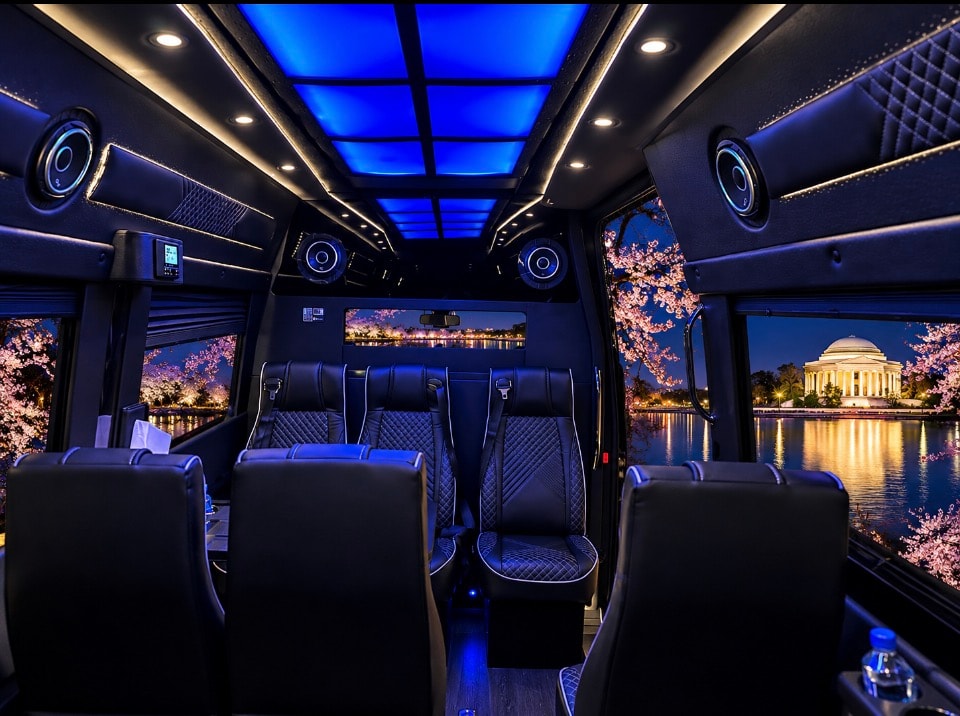 Mercedes-Benz Sprinter interior blue ceiling ambient lighting wide view Jefferson Memorial cherry blossoms night