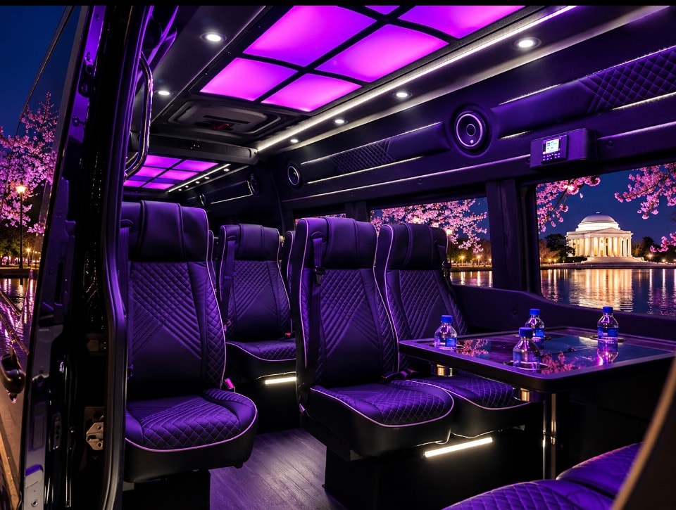 Mercedes-Benz Sprinter interior purple magenta ceiling ambient lighting luxury seats Jefferson Memorial cherry blossoms