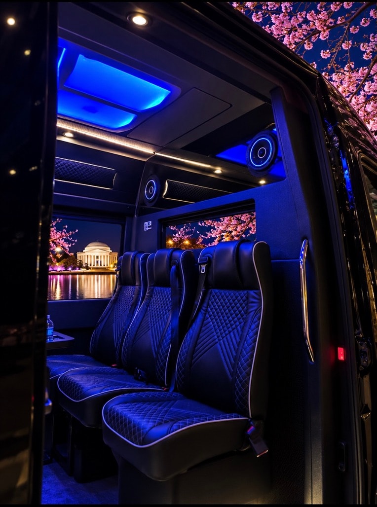 Mercedes-Benz Sprinter interior blue ambient lighting door-open side entry view Jefferson Memorial cherry blossoms night
