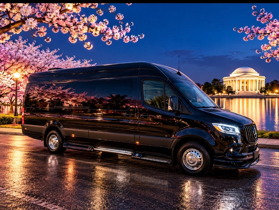 Black Mercedes-Benz Sprinter side exterior night cherry blossoms Jefferson Memorial