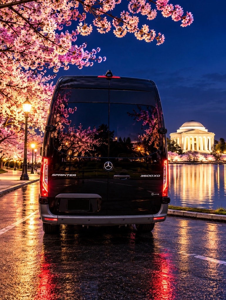 Black Mercedes-Benz Sprinter 3500XD rear exterior night cherry blossoms Jefferson Memorial