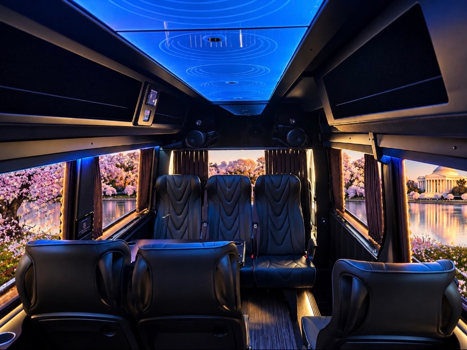 Mercedes-Benz Sprinter interior blue ceiling ambient lighting cherry blossom Jefferson Memorial view