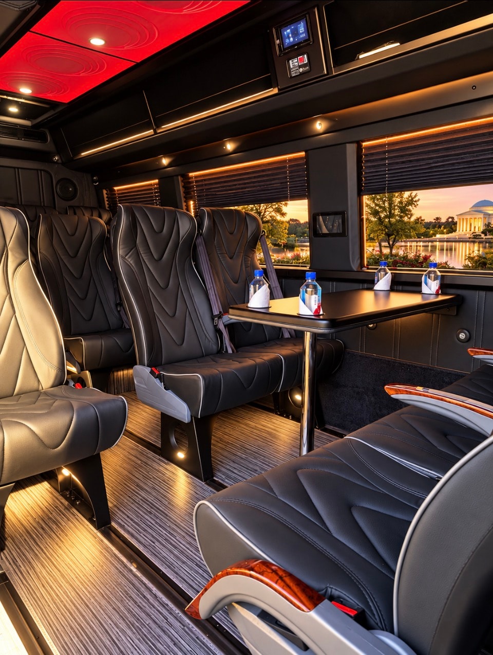 Mercedes-Benz Sprinter interior red ceiling luxury seats Jefferson Memorial sunset view