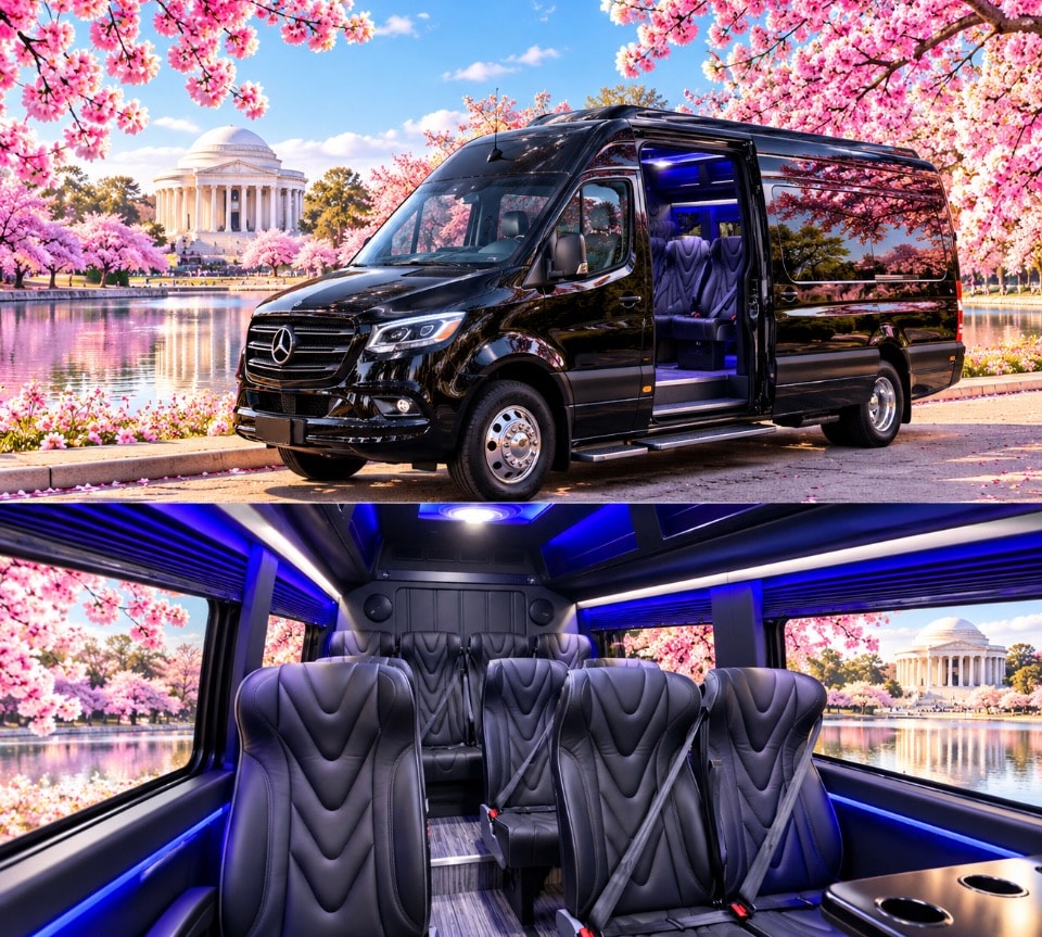 Mercedes-Benz Sprinter exterior and interior composite cherry blossoms Jefferson Memorial daytime