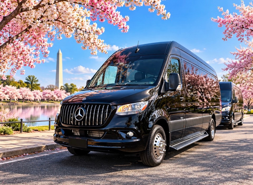 Black Mercedes-Benz Sprinter front exterior daytime cherry blossoms Washington Monument