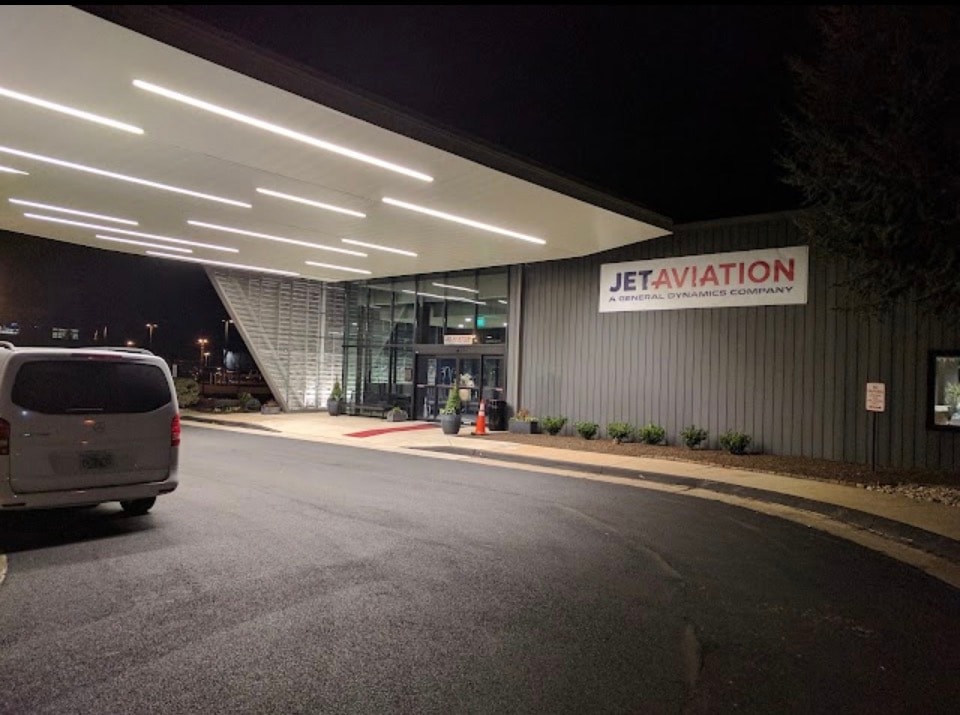 Jet Aviation facility exterior at night