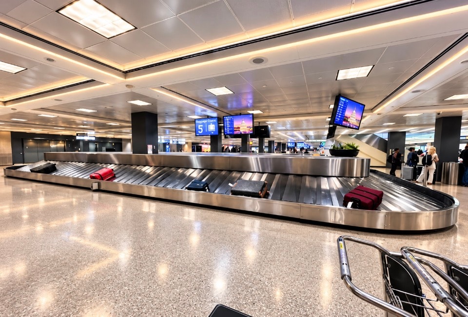 Airport terminal departure gate travelers luggage