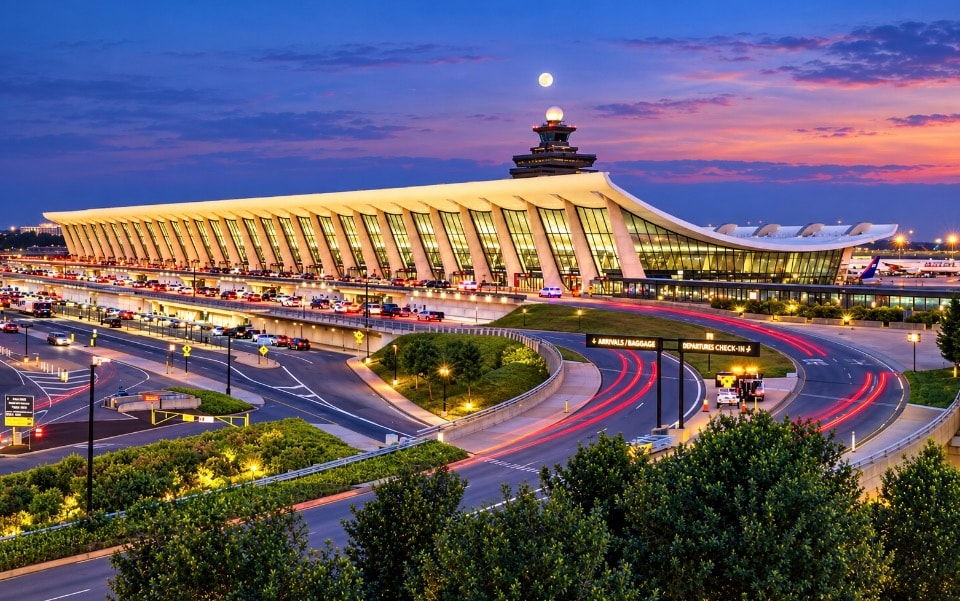 Dulles Airport terminal at dusk with full moon